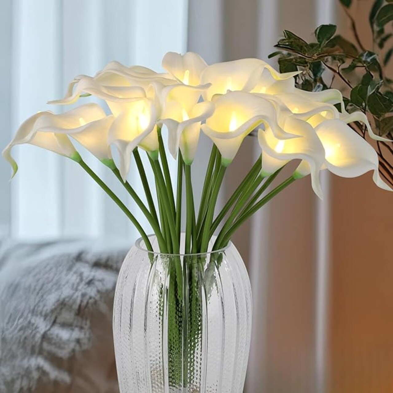 LED Lighted Artificial Flowers Calla Lily Bouquet 20 Stems Real Touch Calla Faux Flower Lights for Valentine's Day Gift and Easter Home Kitchen Wedding Dining Table Decor(White, No Vase)